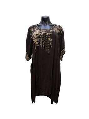 Johnny Was Brown Embroidered Tunic Blouse With Ivory Floral Details XL